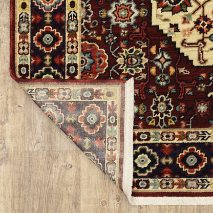 2' X 6' Red Ivory Blue And Orange Oriental Power Loom Stain Resistant Runner Rug With Fringe