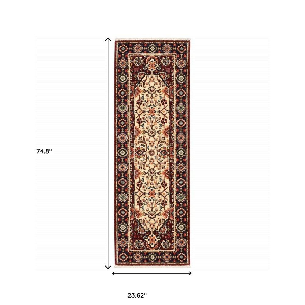 2' X 6' Red Ivory Blue And Orange Oriental Power Loom Stain Resistant Runner Rug With Fringe