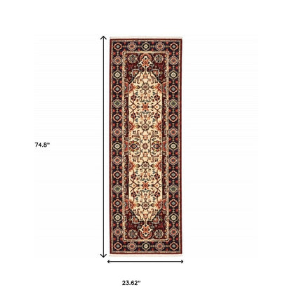2' X 6' Red Ivory Blue And Orange Oriental Power Loom Stain Resistant Runner Rug With Fringe