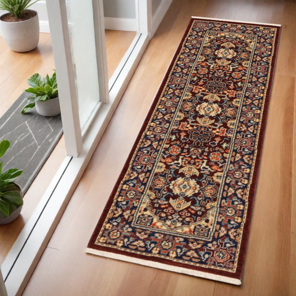 6' Red And Blue Oriental Runner Rug