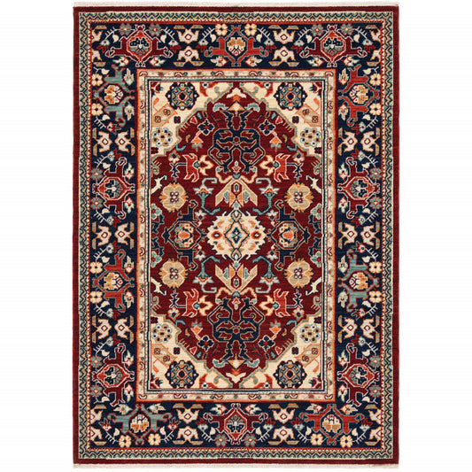 5' X 8' Red Blue Orange And Beige Oriental Power Loom Stain Resistant Area Rug With Fringe