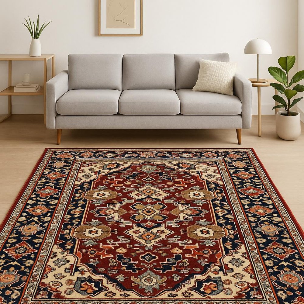 5' X 8' Red Blue Orange And Beige Oriental Power Loom Stain Resistant Area Rug With Fringe