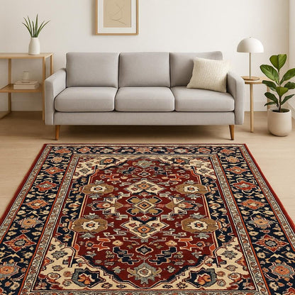 5' X 8' Red Blue Orange And Beige Oriental Power Loom Stain Resistant Area Rug With Fringe