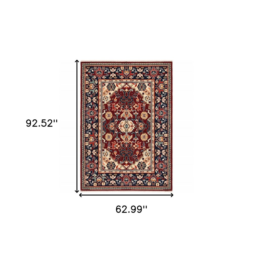 5' X 8' Red Blue Orange And Beige Oriental Power Loom Stain Resistant Area Rug With Fringe