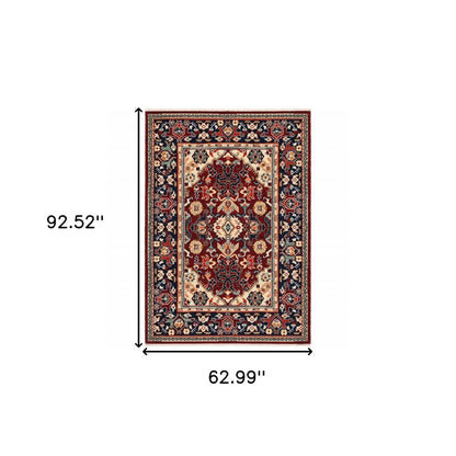 5' X 8' Red Blue Orange And Beige Oriental Power Loom Stain Resistant Area Rug With Fringe