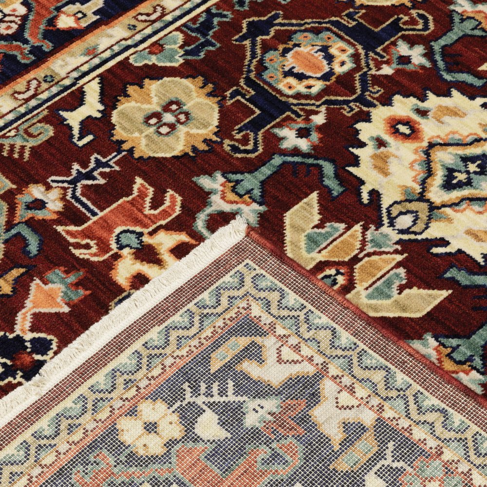 5' X 8' Red Blue Orange And Beige Oriental Power Loom Stain Resistant Area Rug With Fringe