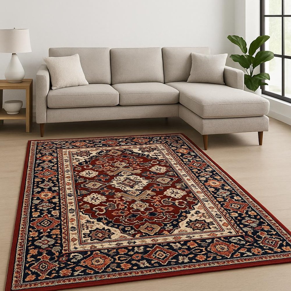 6' X 9' Red Blue Orange And Beige Oriental Power Loom Stain Resistant Area Rug With Fringe