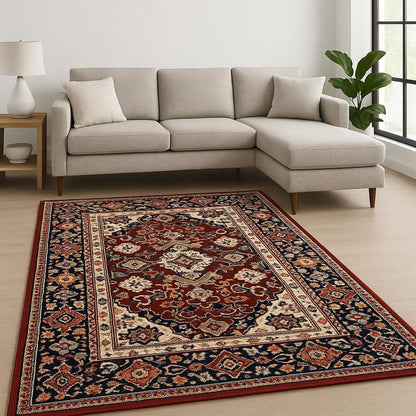 6' X 9' Red Blue Orange And Beige Oriental Power Loom Stain Resistant Area Rug With Fringe
