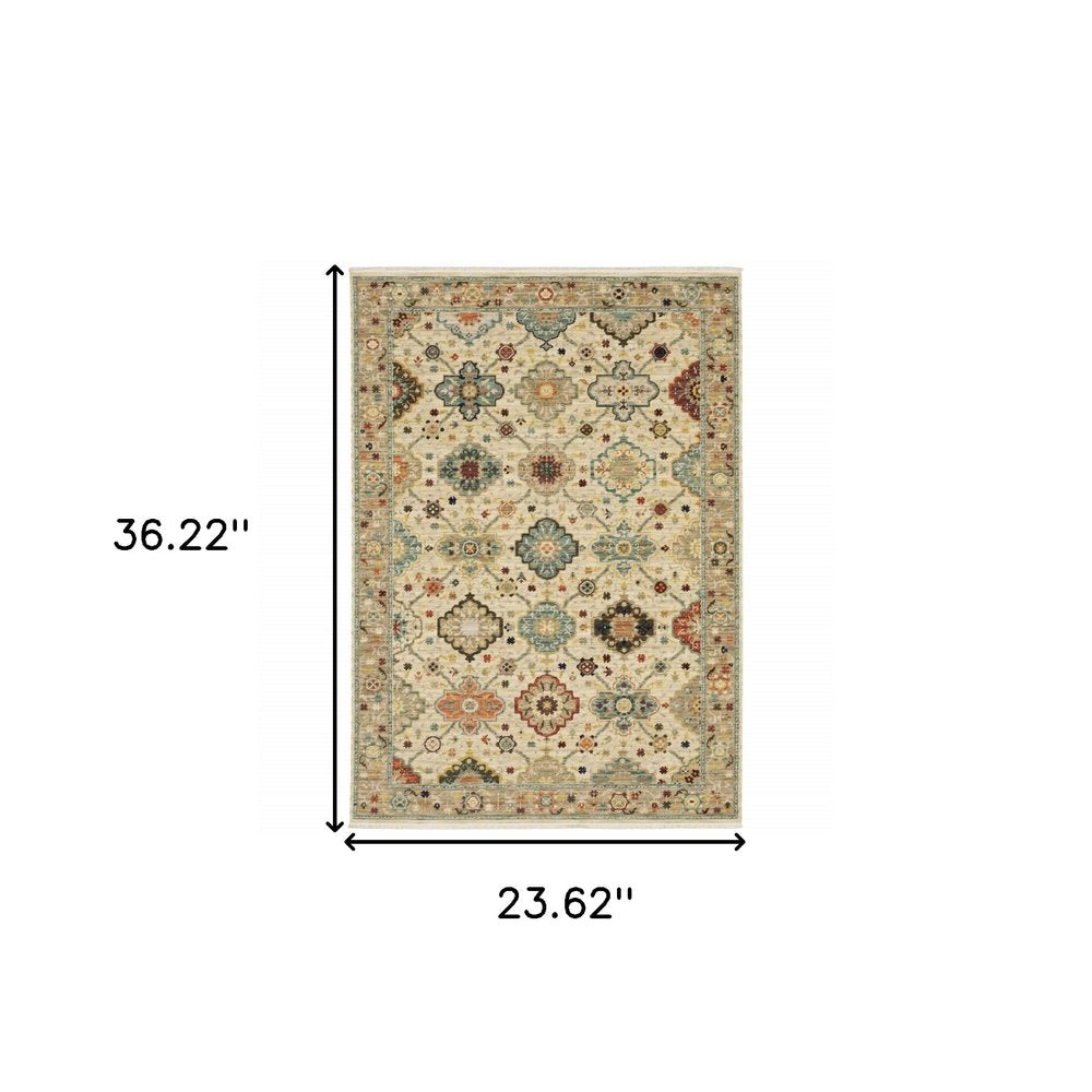 2' X 3' Beige Pale Blue Rust Gold Tan Brown And Orange Oriental Power Loom Stain Resistant Area Rug With Fringe