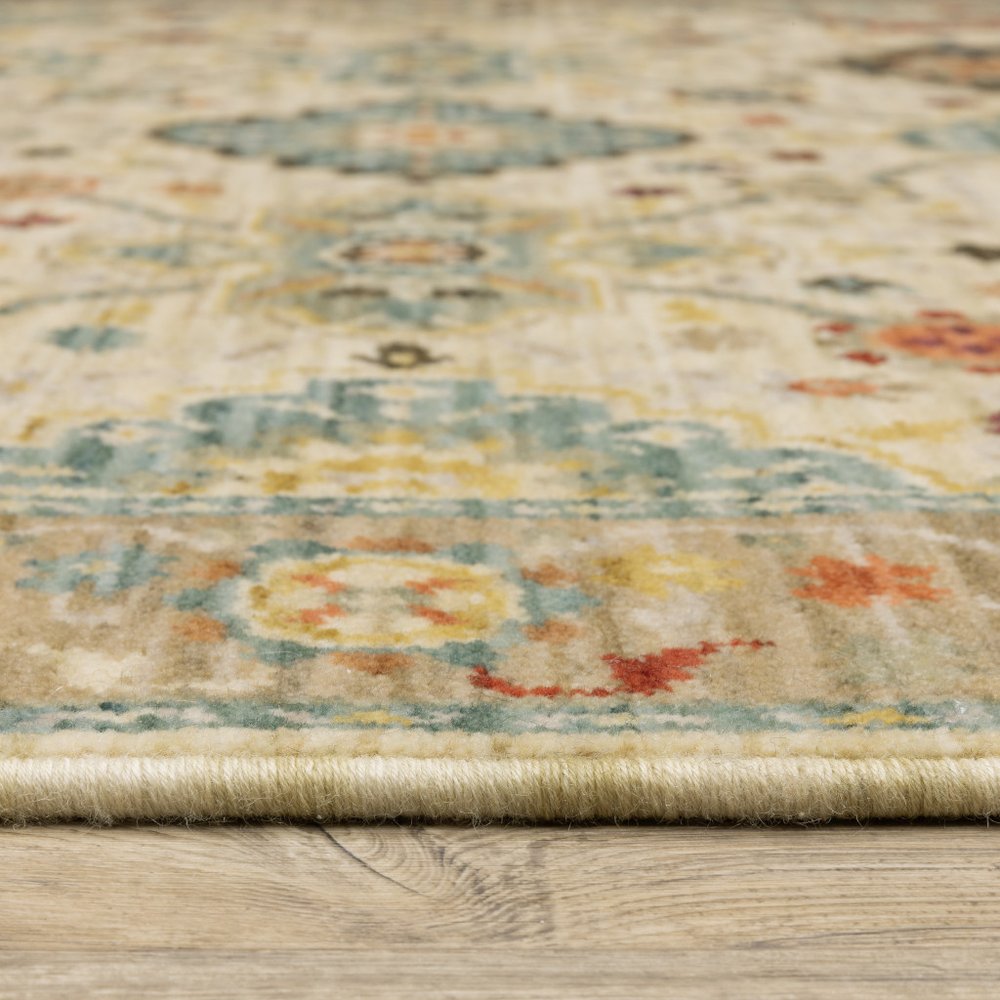 2' X 3' Beige Pale Blue Rust Gold Tan Brown And Orange Oriental Power Loom Stain Resistant Area Rug With Fringe