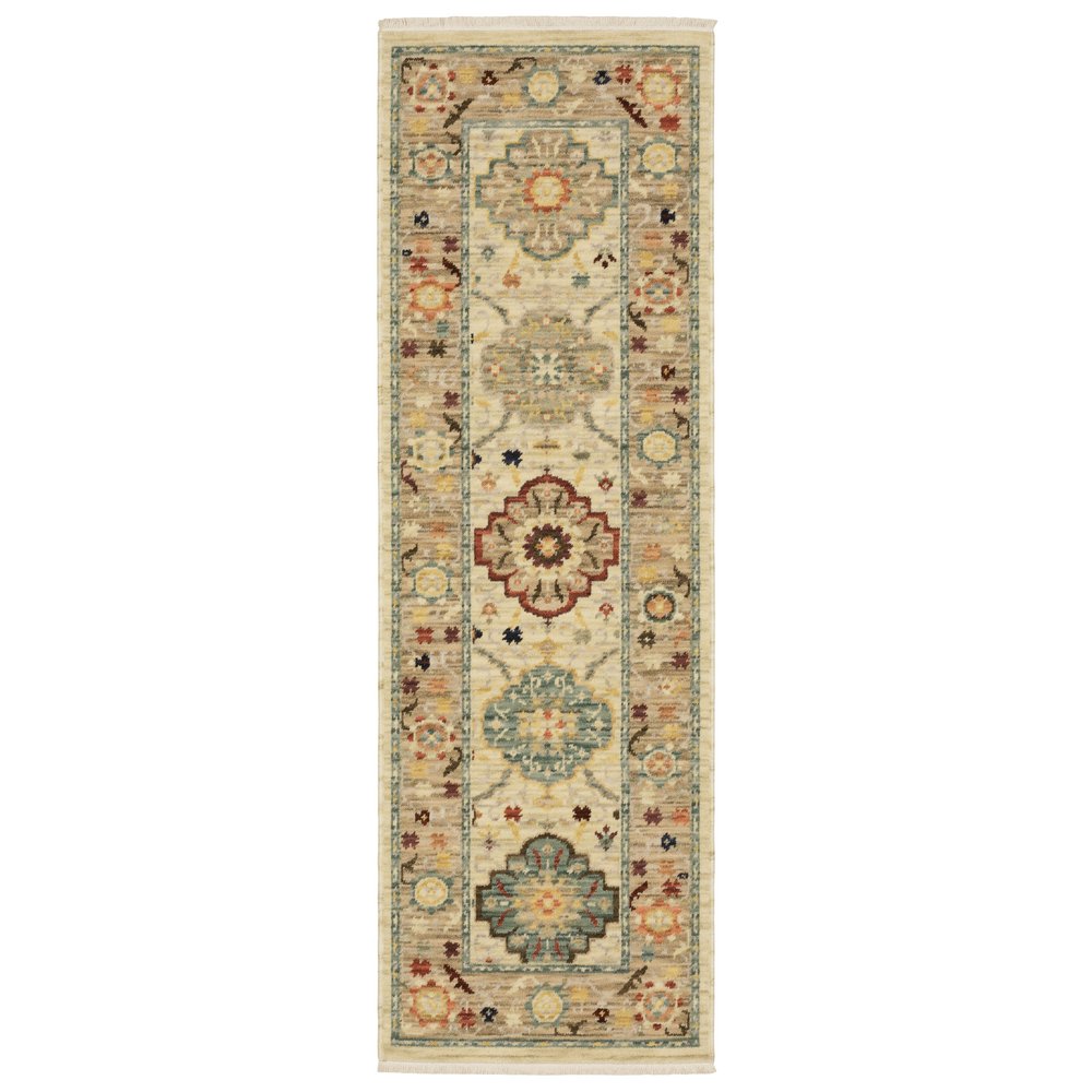2' X 6' Beige Pale Blue Rust Gold Tan Brown And Orange Oriental Power Loom Stain Resistant Runner Rug With Fringe