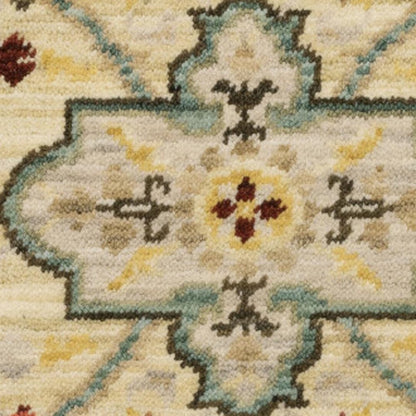 2' X 6' Beige Pale Blue Rust Gold Tan Brown And Orange Oriental Power Loom Stain Resistant Runner Rug With Fringe