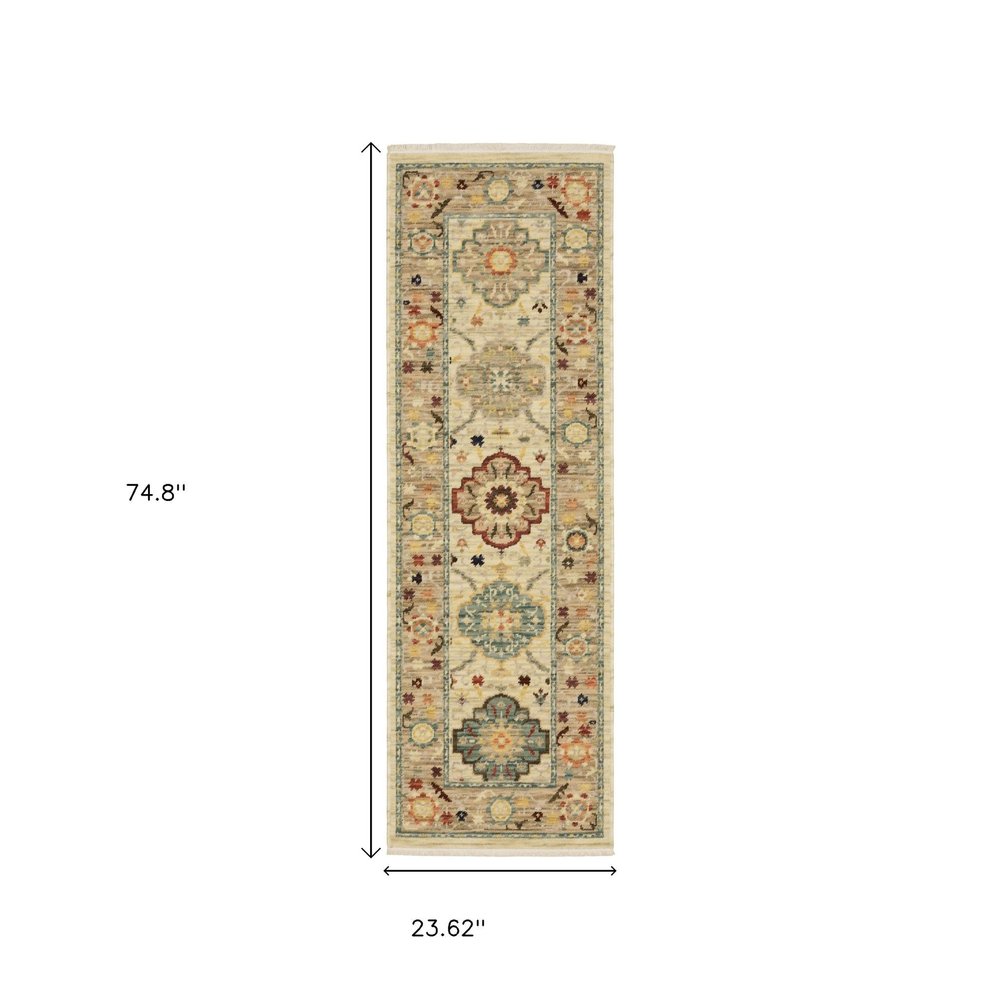 2' X 6' Beige Pale Blue Rust Gold Tan Brown And Orange Oriental Power Loom Stain Resistant Runner Rug With Fringe