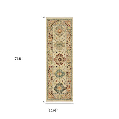 2' X 6' Beige Pale Blue Rust Gold Tan Brown And Orange Oriental Power Loom Stain Resistant Runner Rug With Fringe
