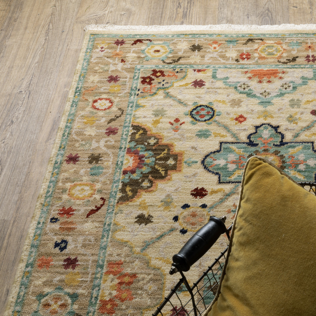 2' X 6' Beige Pale Blue Rust Gold Tan Brown And Orange Oriental Power Loom Stain Resistant Runner Rug With Fringe