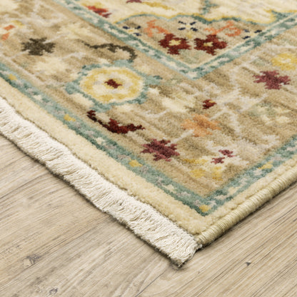 3' X 5' Beige Pale Blue Rust Gold Tan Brown And Orange Oriental Power Loom Stain Resistant Area Rug With Fringe