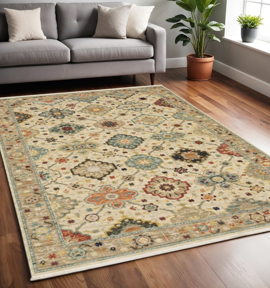 5' X 8' Blue And Beige Oriental Area Rug With Fringe