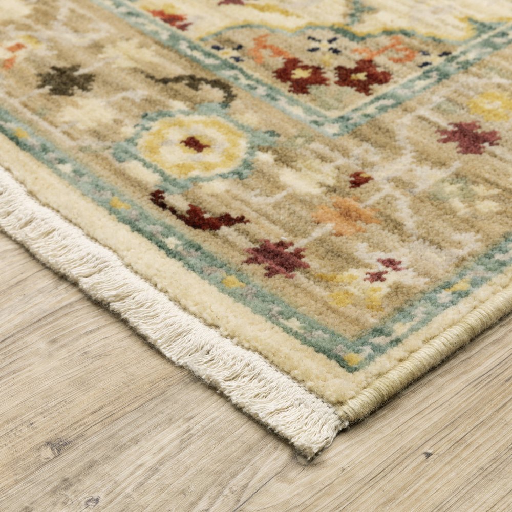 5' X 8' Blue And Beige Oriental Area Rug With Fringe