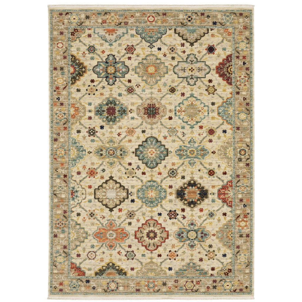 6' X 9' Beige Pale Blue Rust Gold Tan Brown And Orange Oriental Power Loom Stain Resistant Area Rug With Fringe