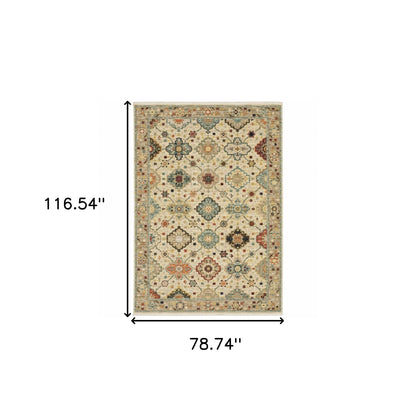 6' X 9' Beige Pale Blue Rust Gold Tan Brown And Orange Oriental Power Loom Stain Resistant Area Rug With Fringe