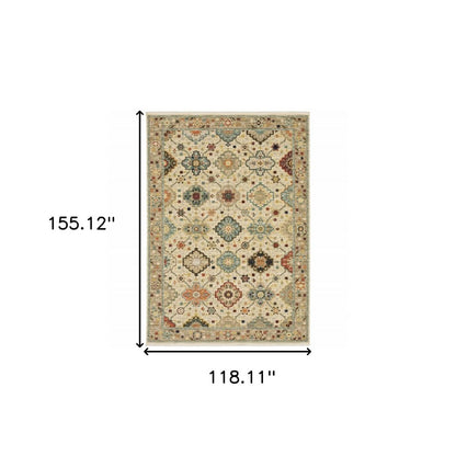 10' X 13' Beige Pale Blue Rust Gold Tan Brown And Orange Oriental Power Loom Stain Resistant Area Rug With Fringe