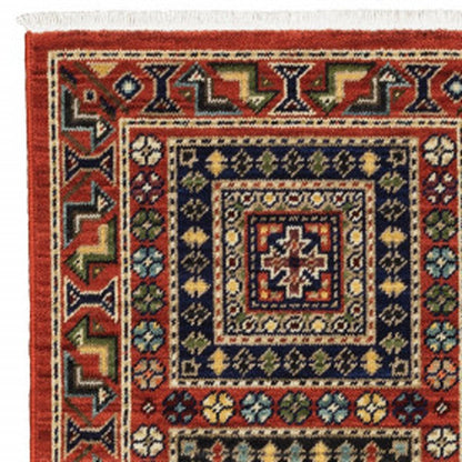 2' X 6' Red Blue Beige And Green Oriental Power Loom Stain Resistant Runner Rug With Fringe