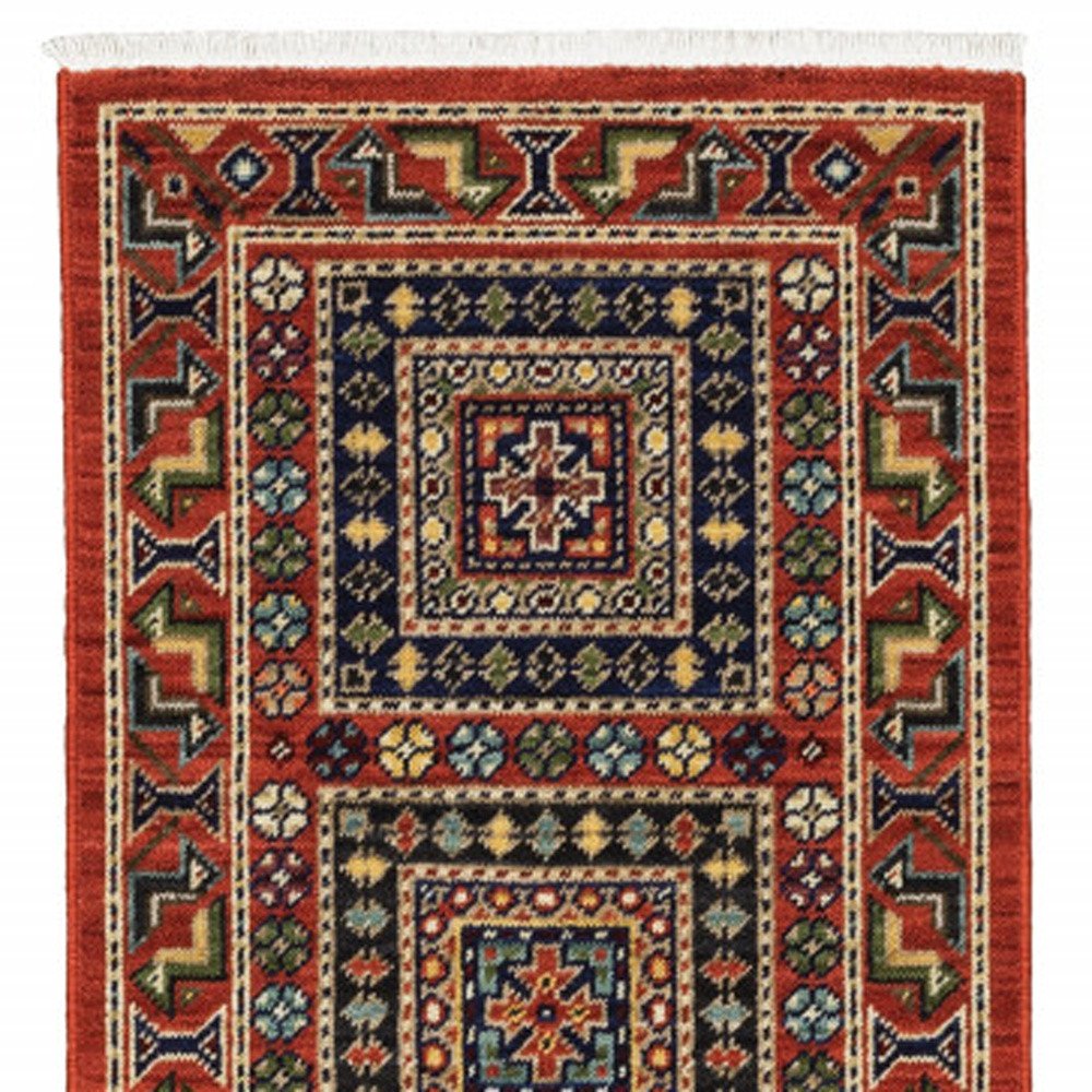 2' X 6' Red Blue Beige And Green Oriental Power Loom Stain Resistant Runner Rug With Fringe