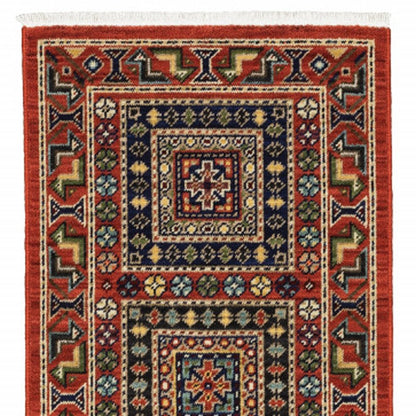 2' X 6' Red Blue Beige And Green Oriental Power Loom Stain Resistant Runner Rug With Fringe