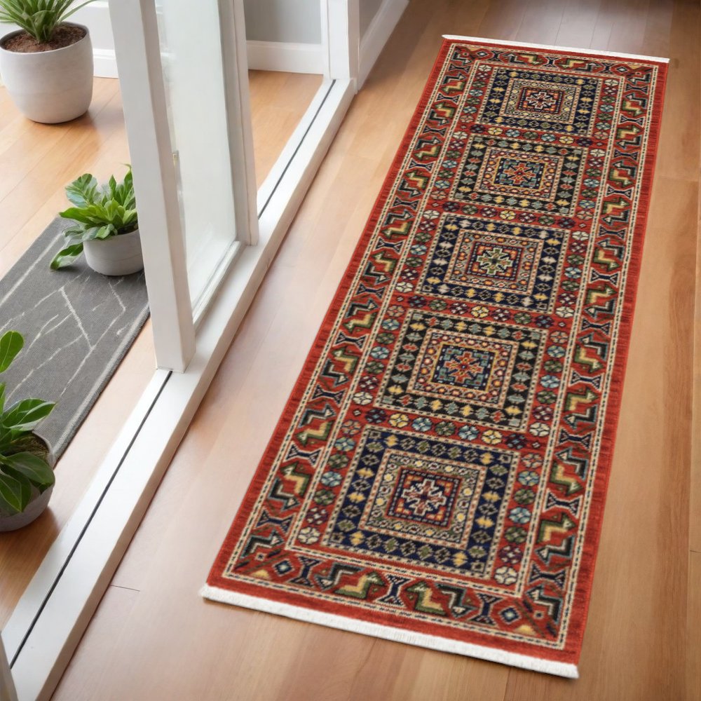 2' X 6' Red Blue Beige And Green Oriental Power Loom Stain Resistant Runner Rug With Fringe