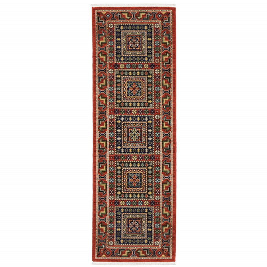 2' X 6' Red Blue Beige And Green Oriental Power Loom Stain Resistant Runner Rug With Fringe