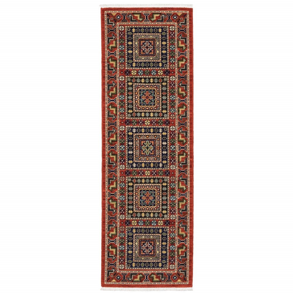 2' X 6' Red Blue Beige And Green Oriental Power Loom Stain Resistant Runner Rug With Fringe