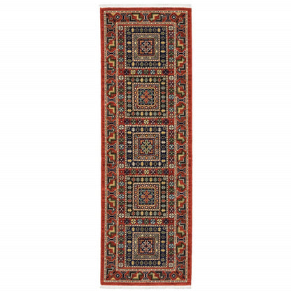 2' X 6' Red Blue Beige And Green Oriental Power Loom Stain Resistant Runner Rug With Fringe