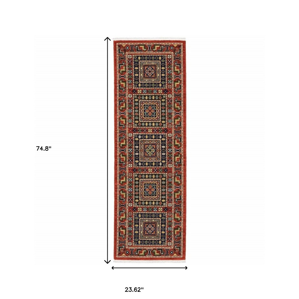 2' X 6' Red Blue Beige And Green Oriental Power Loom Stain Resistant Runner Rug With Fringe