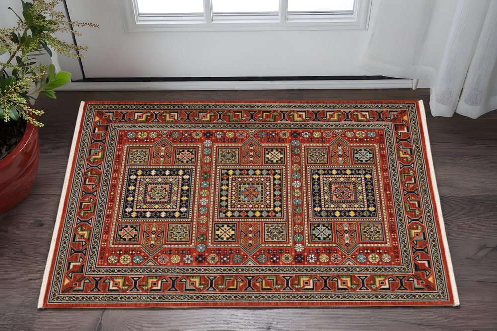 3' X 5' Red Black and White Oriental Power Loom Area Rug