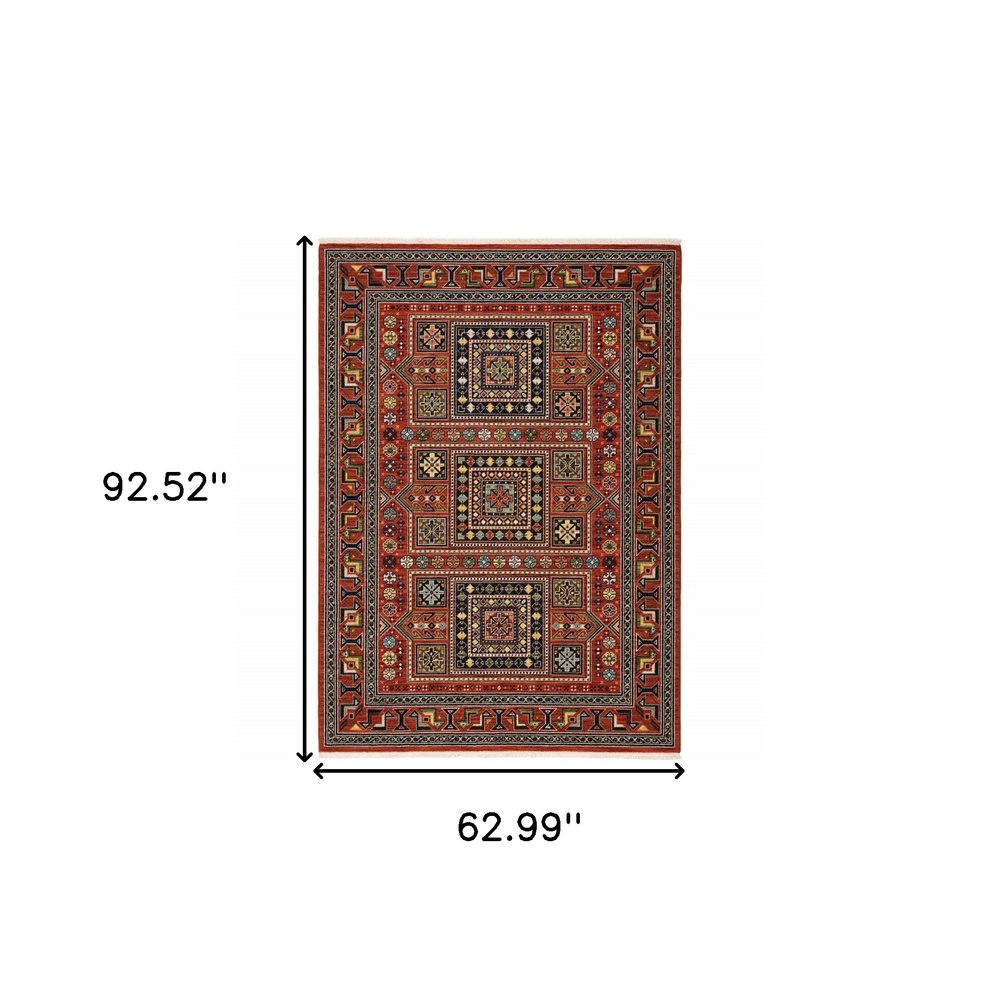 5' X 8' Red Blue And Black Oriental Area Rug With Fringe