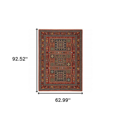 5' X 8' Red Blue And Black Oriental Area Rug With Fringe