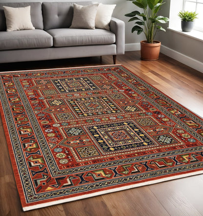 5' X 8' Red Blue And Black Oriental Area Rug With Fringe