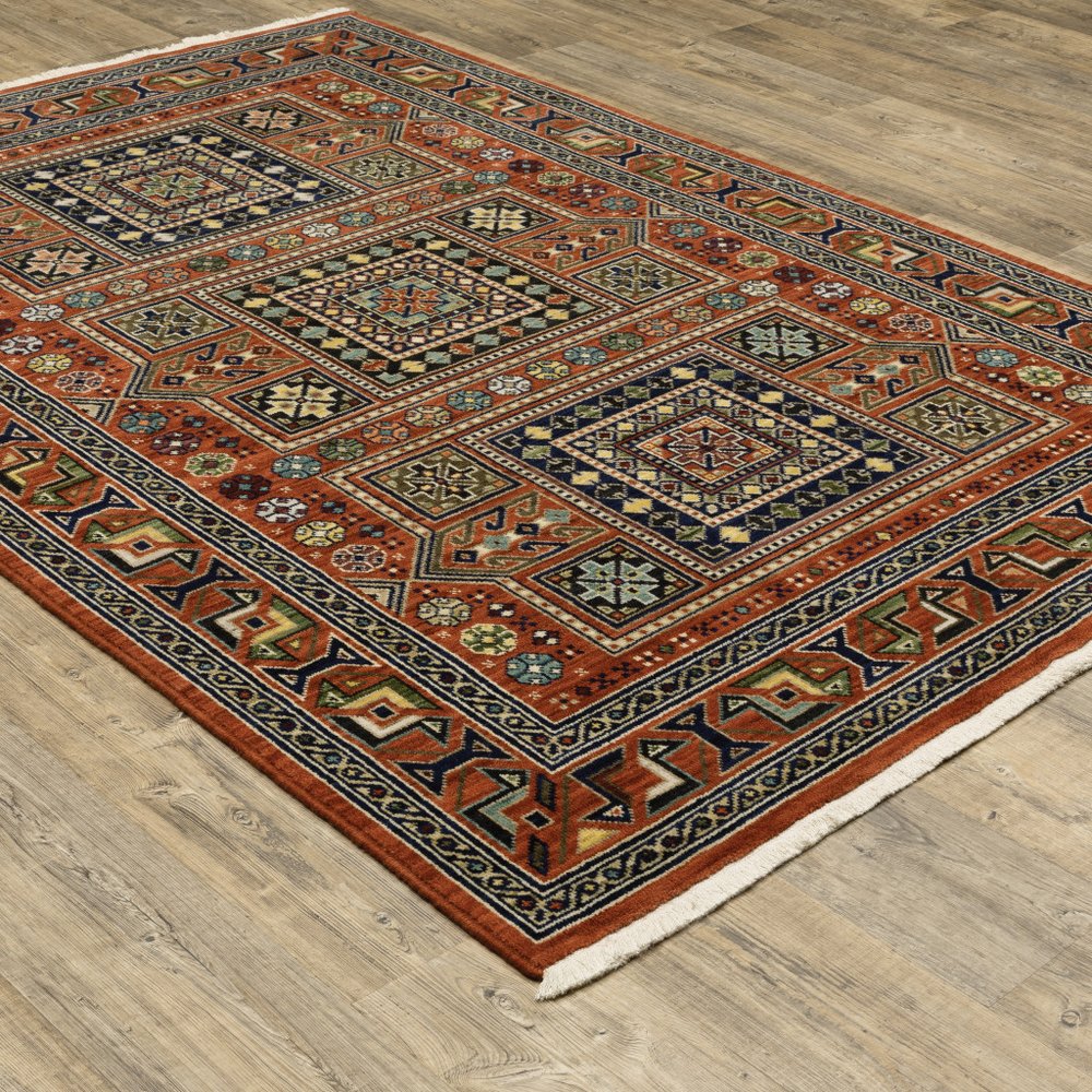 5' X 8' Red Blue And Black Oriental Area Rug With Fringe