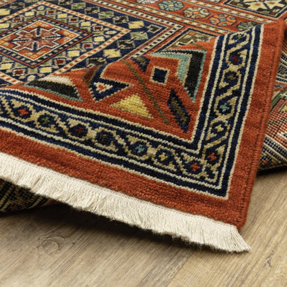 5' X 8' Red Blue And Black Oriental Area Rug With Fringe
