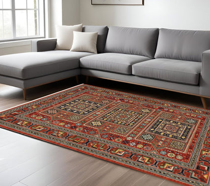 6' X 9' Blue And Red Oriental Power Loom Area Rug With Fringe