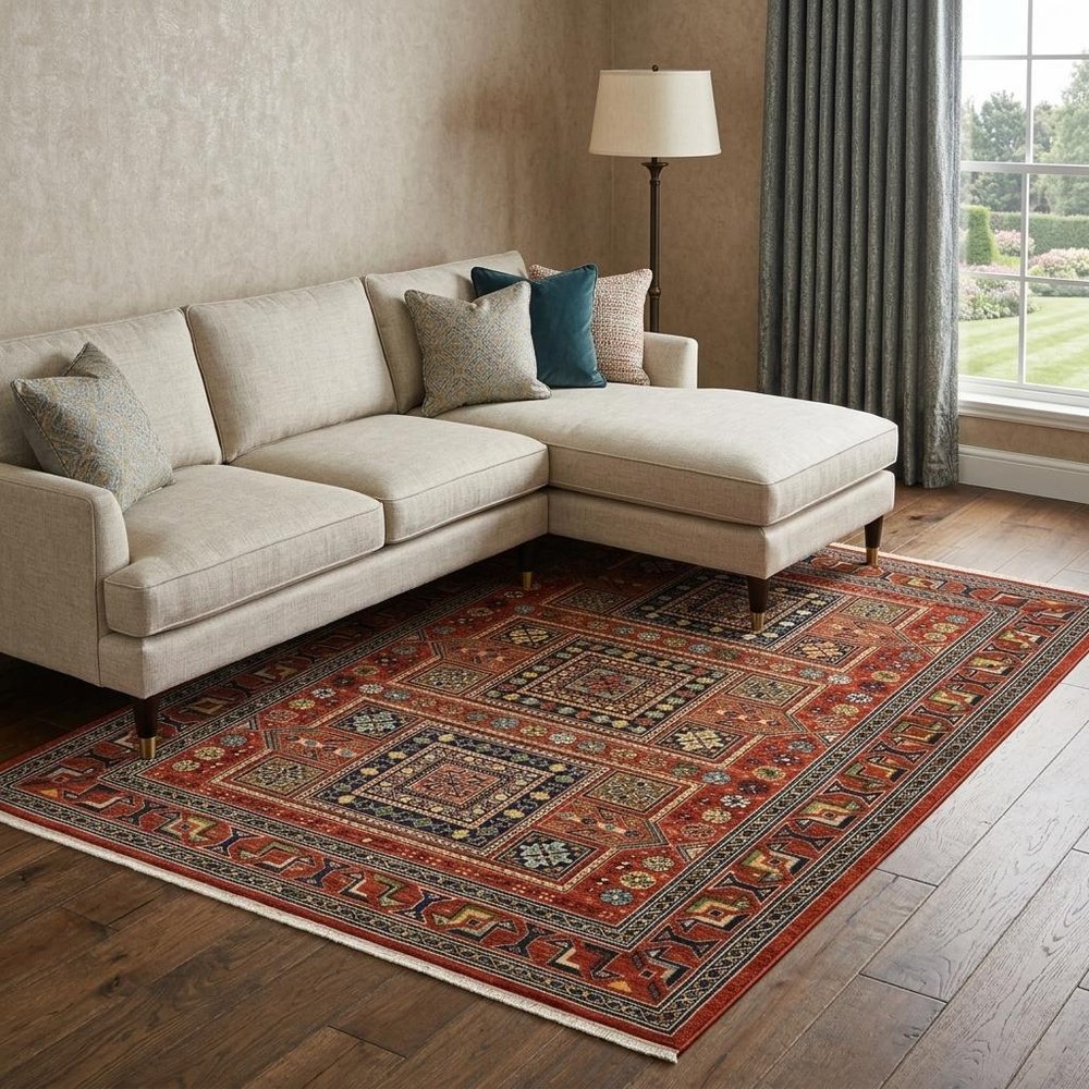 10' X 13' Red Blue And Black Oriental Area Rug With Fringe