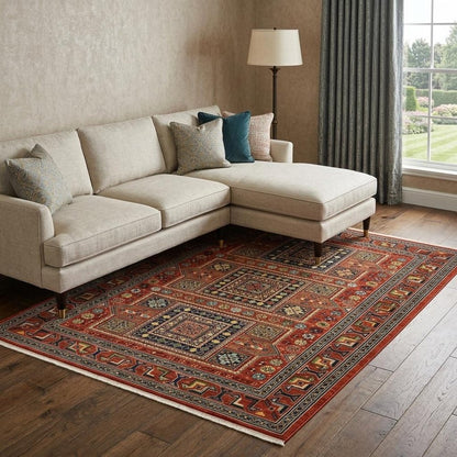10' X 13' Red Blue And Black Oriental Area Rug With Fringe