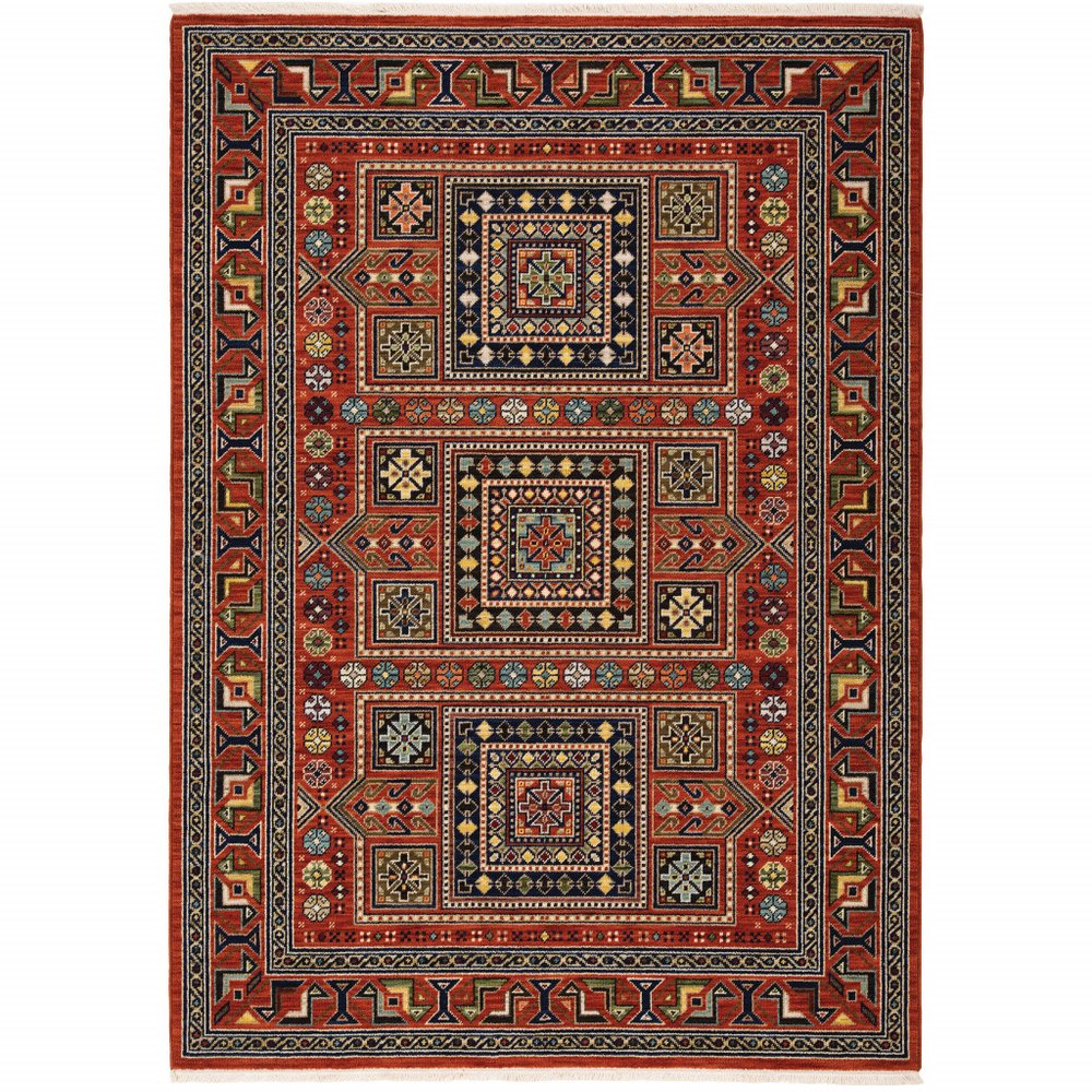 10' X 13' Red Blue And Black Oriental Area Rug With Fringe