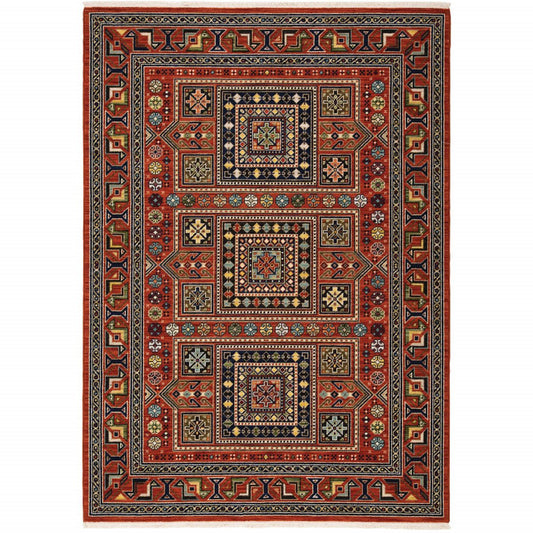 10' X 13' Red Blue And Black Oriental Area Rug With Fringe