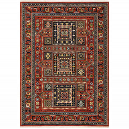10' X 13' Red Blue And Black Oriental Area Rug With Fringe