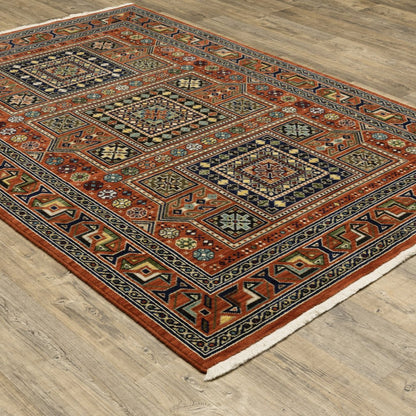 10' X 13' Red Blue And Black Oriental Area Rug With Fringe