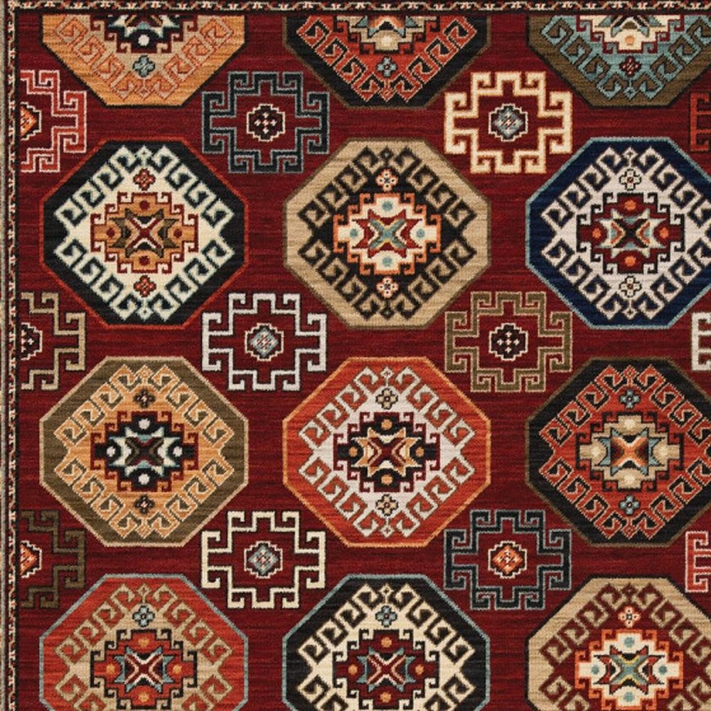 2' X 3' Red Blue Brown And Beige Oriental Power Loom Stain Resistant Area Rug With Fringe