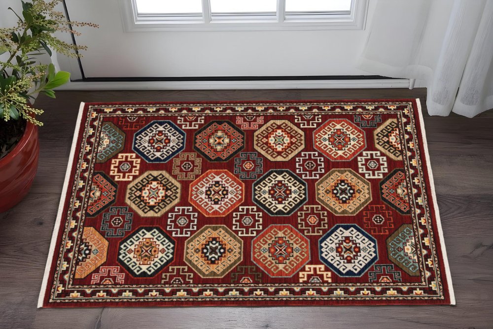 2' X 3' Red Blue Brown And Beige Oriental Power Loom Stain Resistant Area Rug With Fringe