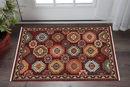 2' X 3' Red Blue Brown And Beige Oriental Power Loom Stain Resistant Area Rug With Fringe
