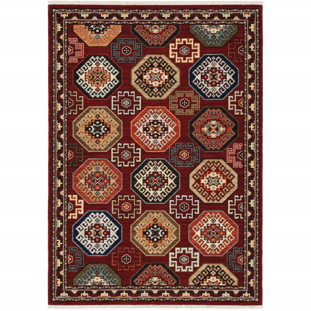 2' X 3' Red Blue Brown And Beige Oriental Power Loom Stain Resistant Area Rug With Fringe